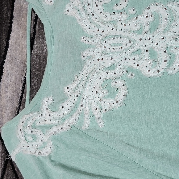 MISS ME MINT GREEN EMBROIDERED RHINESTONES OPEN STRAP V-BACK TOP PRICE FIRM - Picture 4 of 15